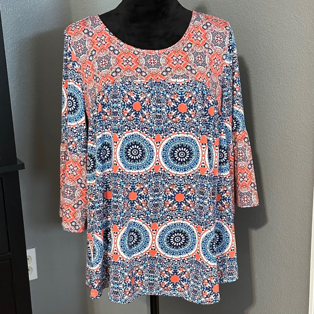 New Directions Petite Women's 3/4 Sleeve Geometricโ Print Tunic Top Size PL Boho